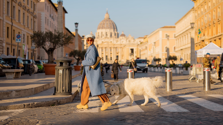 A stylish woman in a blue coat and blue beret walking her dog across a street