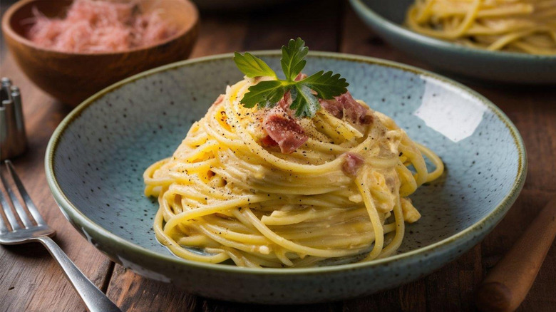 Close-up of a dish of Spaghetti alla Carbonara on a blue speckled plate next to a fork.