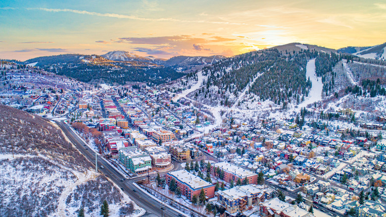 An aerial view of Park City, Utah, surrounded by mountains