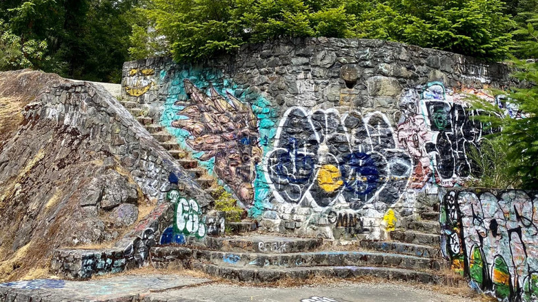 Deertrail Resort ruins covered in graffiti
