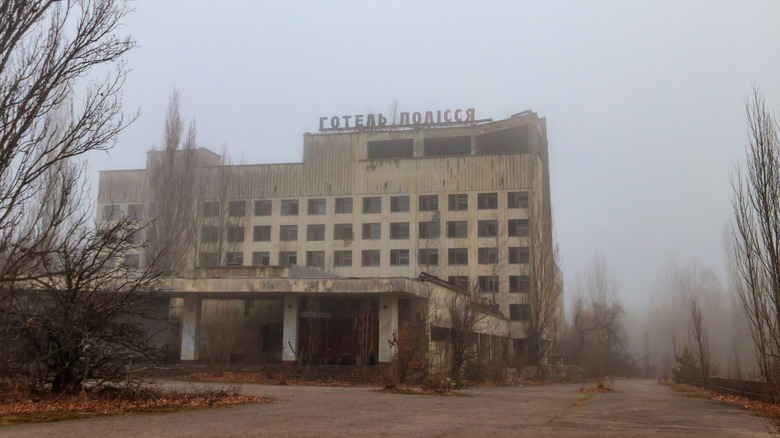 Exterior of Hotel Polissya in Ukraine, inside the Chernobyl Exclusion Zone
