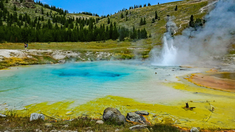 Imperial Geyser's colorful teal and yellow pool near Fairy Falls in Yellowstone National Park