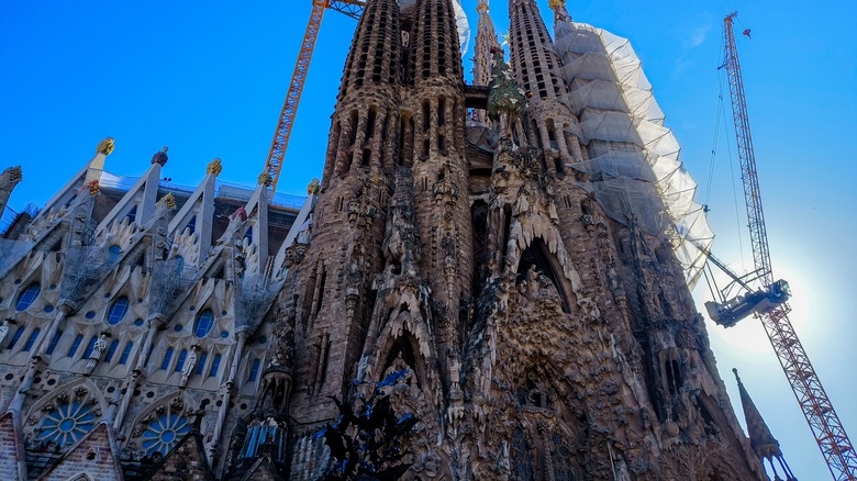 Looking up at the Sagrada Familia during construction