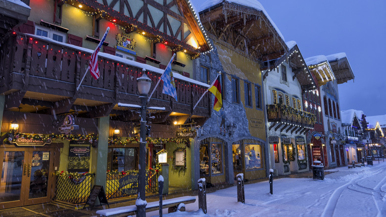View of a snowy Leavenworth street during winter