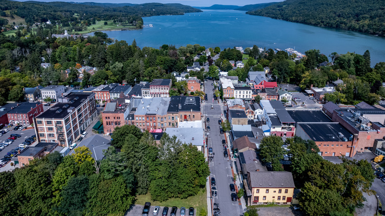Aerial view of Cooperstown with Otsego Lake in the background