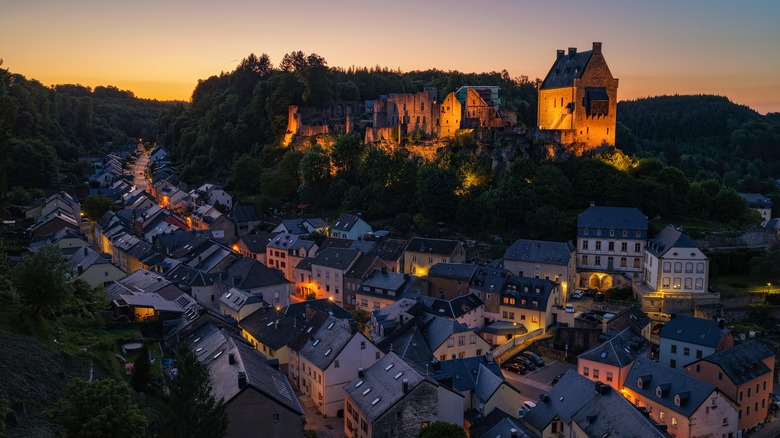 Larochette Castle overlooking Larochette at night
