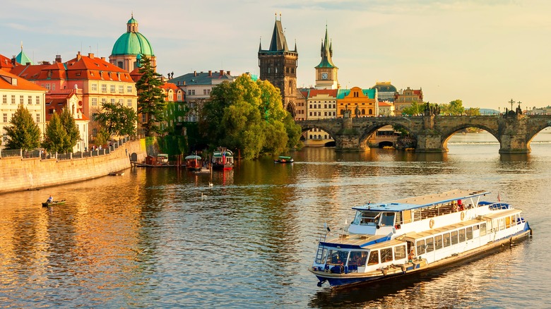 River boat cruising along Prague's Vltava River