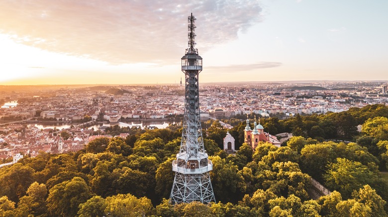 Petřín Tower on the top of Prague's Petřín Hill overlooking the city