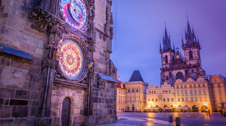 Prague's Astronomical Clock near Old Town Square at dusk