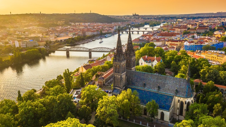 Aerial view of Vyšehrad fortress downriver from Prague