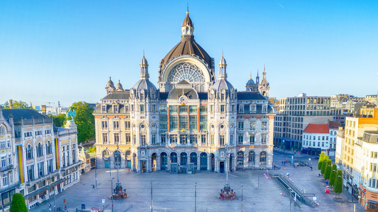 An elevated view of the exterior of Antwerpen-Centraal railway station, Belgium