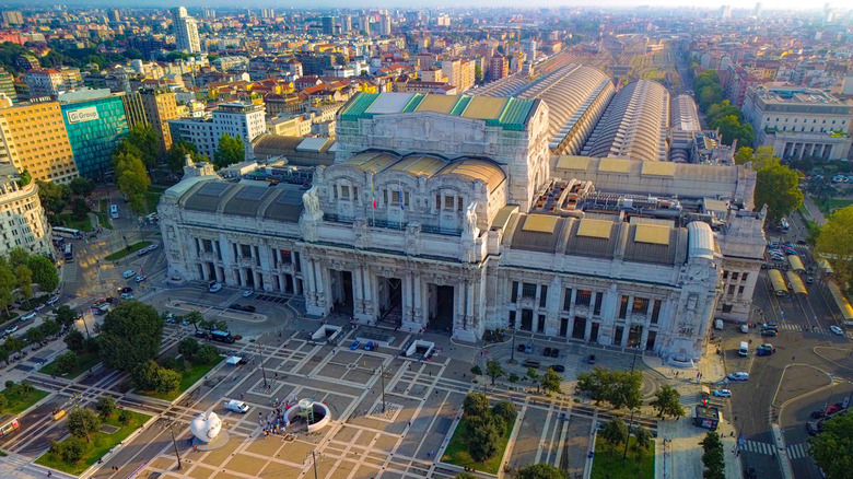 Aerial view of Piazza Duca d'Aosta and the façade of Milan's central railway station