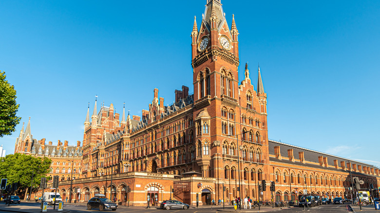 The historic St. Pancras International Station in London against a blue sky