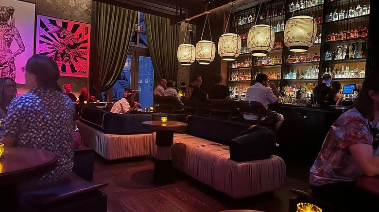 dimly lit interior of dining room