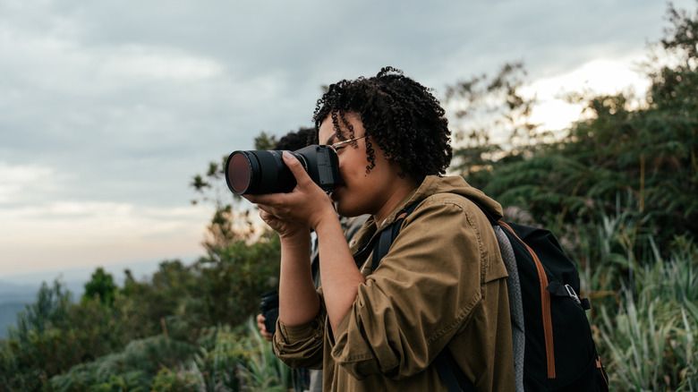 woman taking a photograph in a forest