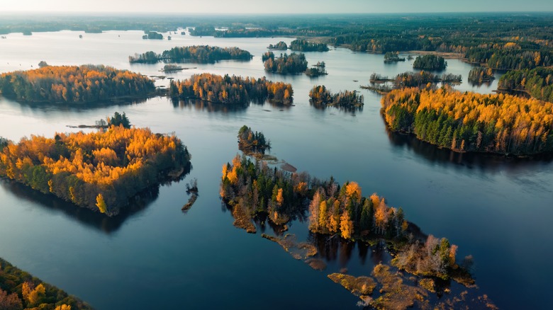 drone view of a Swedish archipelago in autumn
