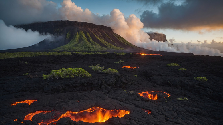 Kīlauea volcano surrounded by fog and lava at sunset