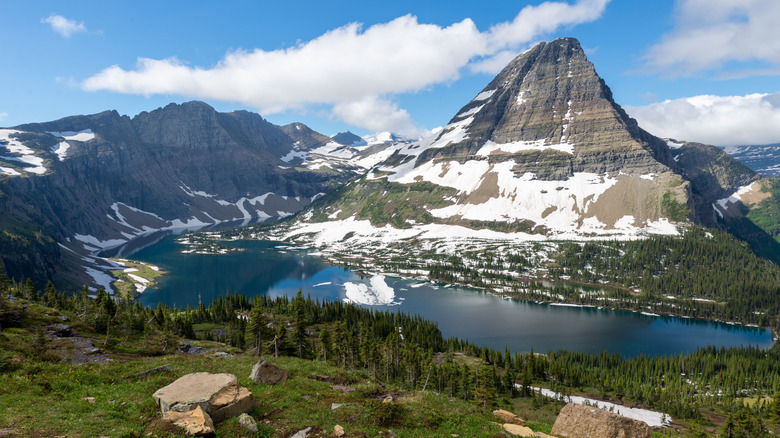 view of lakes and mountains on a sunny day