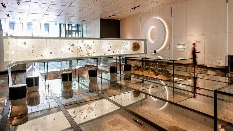 interior of the museum with glass floors overlooking stones beneath