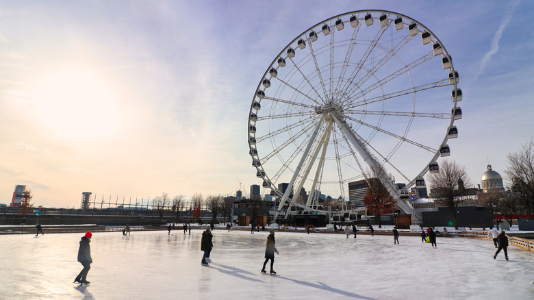 people ice skating in foreground, ferris wheel in background in winter