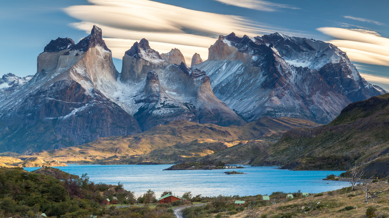 Torres del Pain National Park, Patagonia, Chile, with sharp peaks and blue mountain lakes