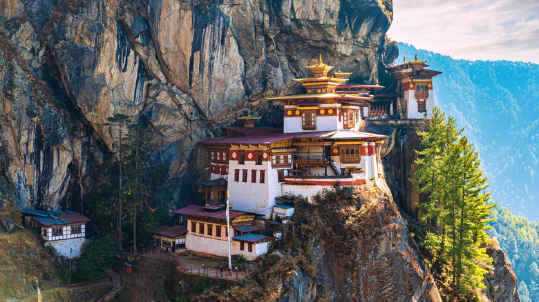 White and gold Tiger's Nest Monastery high in Bhutan's Himalaya Mountains