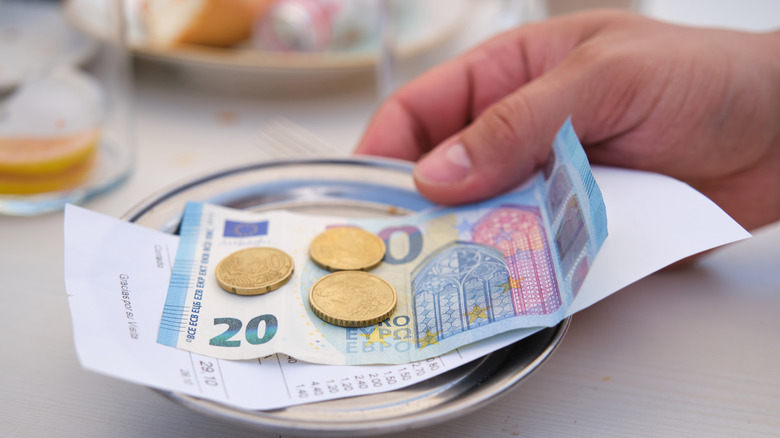 a tray with bills and coins in Euro currency