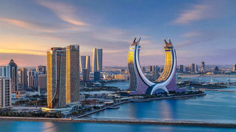 Aerial view of the Katara Towers at sunset