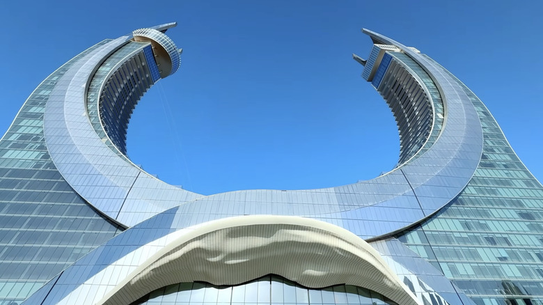 View from below of the exterior of Raffles Doha in Qatar