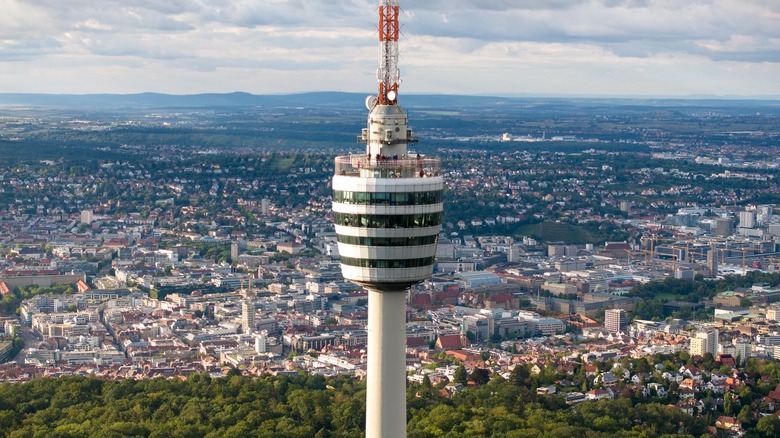 The exterior of Stuttgart TV Tower with the city in the background