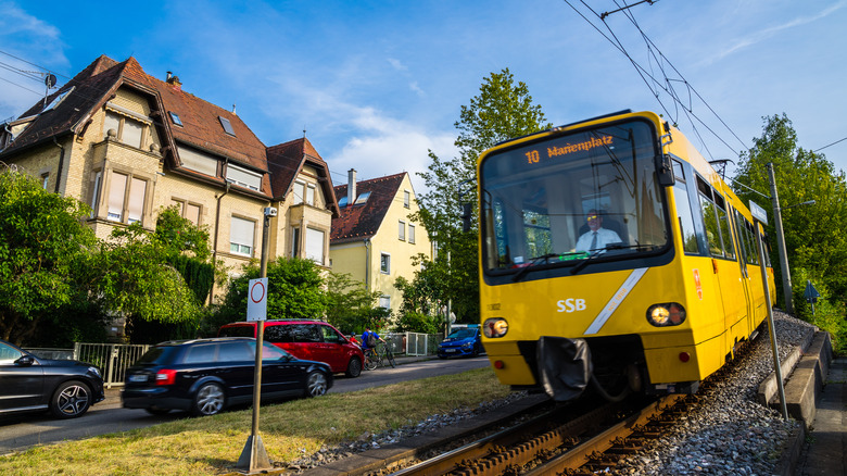 The yellow cogwheel train known as the "Zacke" in Stuttgart