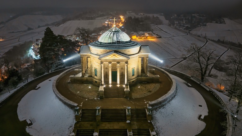 Grabkapelle of the Wüttemberg from the air on a snowy night