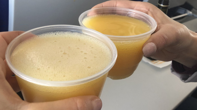 Two flyers toasting on a flight