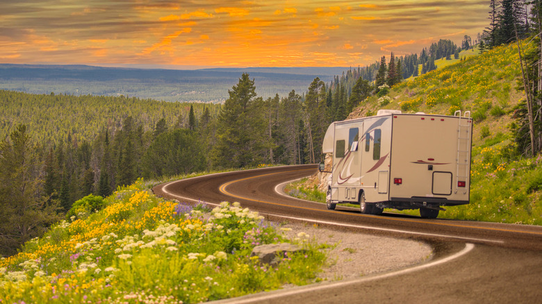 An RV drives down a winding road at sunset with trees and flower-covered hills in the background.