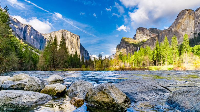 Landscape image of El Capitan and Half Dome in Yosemite National Park with the rocky shore of the Merced River in the foreground, with a vibrant blue, cloudy sky.