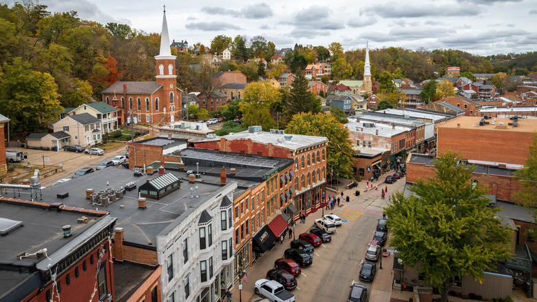 Aerial view of the historic main street of Galena, Illinois, on a cloudy day in autumn