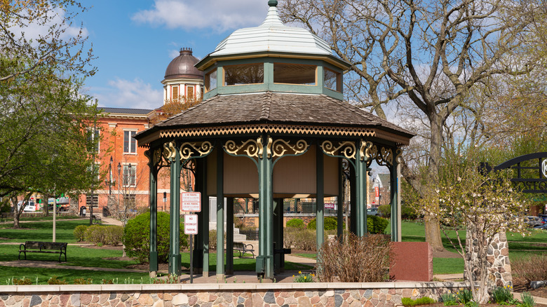 Ornate, historic gazebo in the main square of Woodstock, Illinois