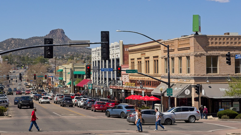 an intersection in downtown Prescott with mountains in background