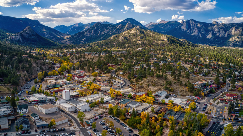 Aerial view of Colorado's mountain town of Estes Park in the autumn surrounded by mountains