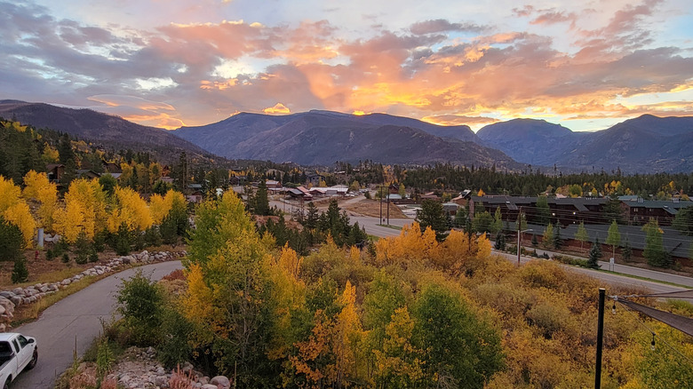 View of the small town during autumn in Grand Lake, Colorado, surrounding by the Rockies