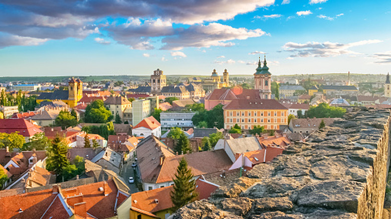 Cityscape of Eger, Hungary, from the old fortress, at sunset