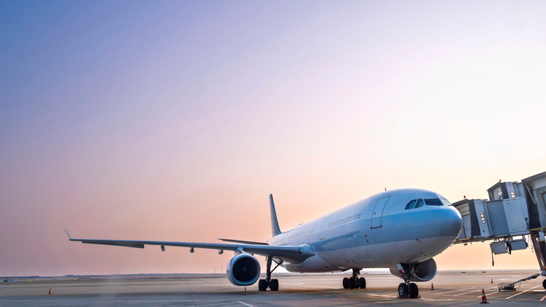 An airplane waiting at the gate at an airport