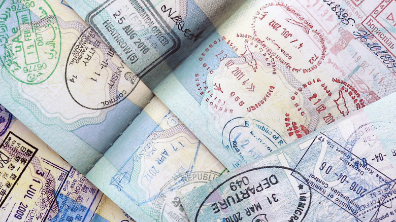 Passport pages with multiple stamps