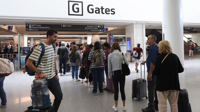 A busy security line at San Francisco International Airport
