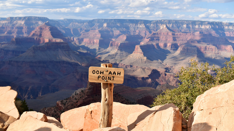 Wooden signpost for Ooh Aah Point overlooking the Grand Canyon