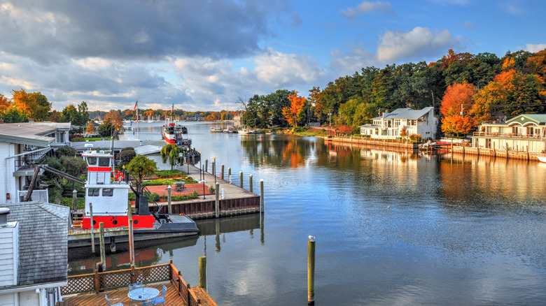 Aerial view of harbor of Saugatuck Village, Michigan during the autumn on the shores of Lake Michigan