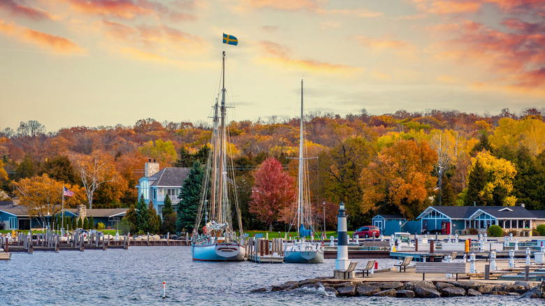 Sailboats line the harbor of Sister Bay, Wisconsin, during a colorful autumnal sunset