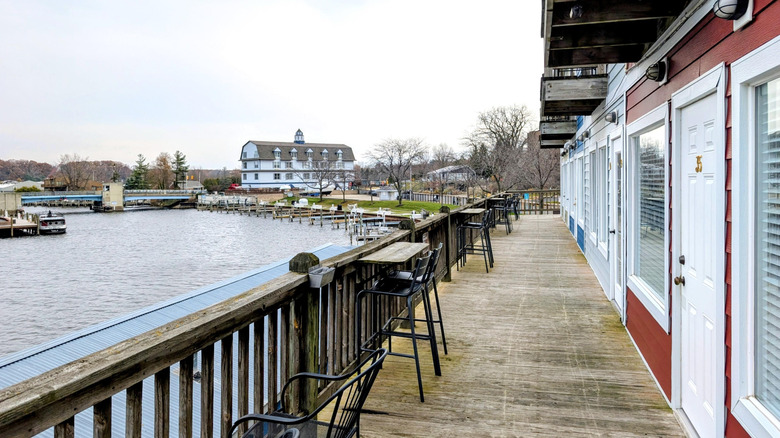 Old Harbor Village of South Haven with wooden boardwalk along the marine on Lake Michigan