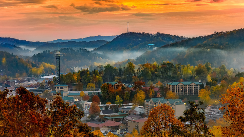Sunrise over the Great Smoky Mountains and Gatlinburg, Tennessee, skyline