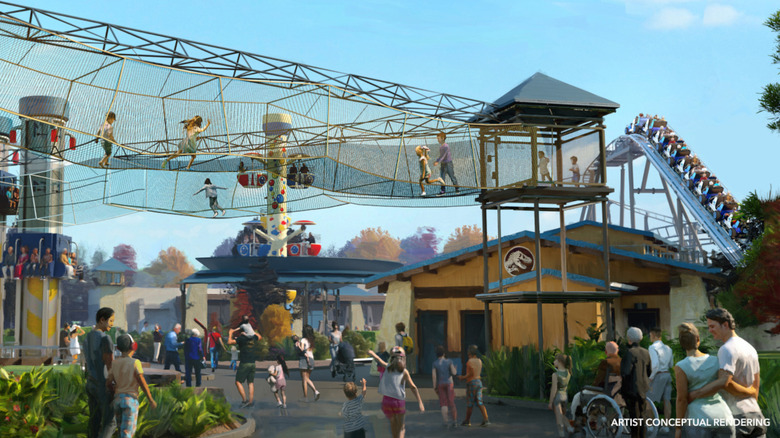An artist's rendering shows children playing within Jurassic World at Kid's Universe.